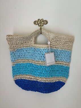 Shiraleah Carmend Blue Striped paper Straw Top Handle Bag 16 X 14 NEW NWT